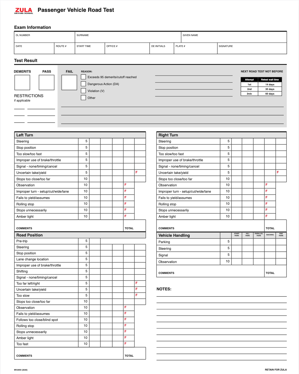 Zula Driving School marking sheet preview showing lesson feedback categories for turns, road position, vehicle handling, totals, comments, and notes