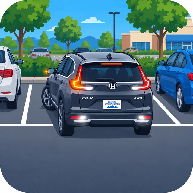Illustration of a dark SUV angled out of a parking stall between parked cars.