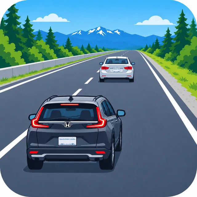 Illustration of a dark SUV following a white car on a multi-lane road.