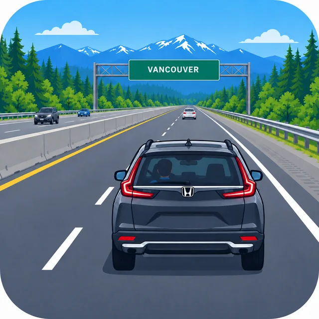 Dark SUV travelling on a divided British Columbia freeway beneath a Vancouver direction sign.