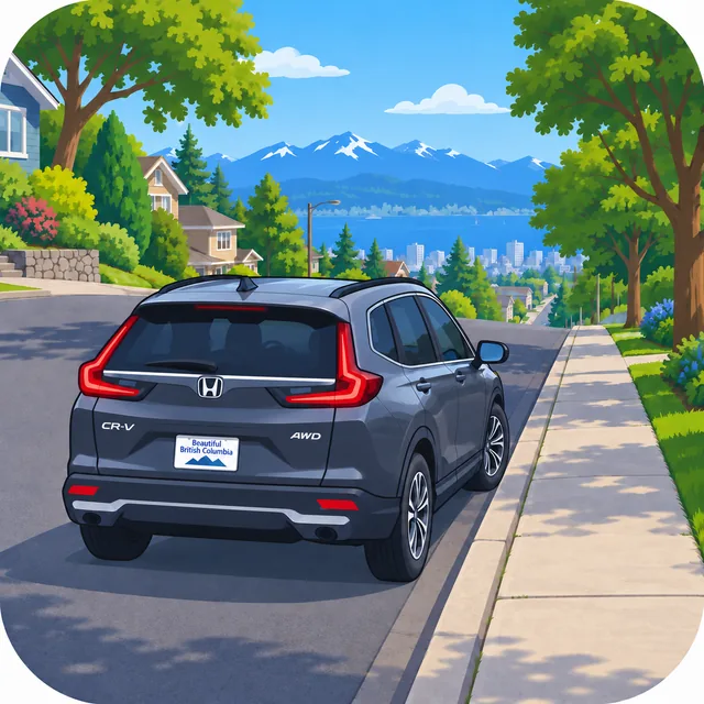 Illustration of a dark SUV parked beside the curb on a sloping residential street.