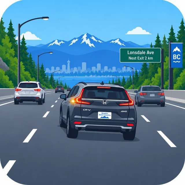 Illustration of a dark SUV with its left indicator illuminated on a multi-lane road.