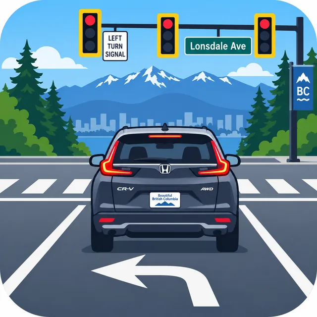 Illustration of a dark SUV in a left-turn lane at an intersection with red traffic lights.