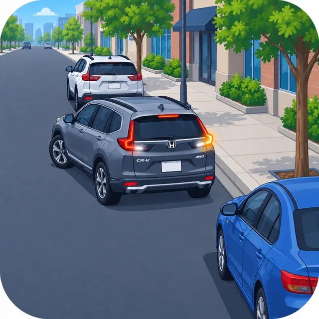 Illustration of a dark SUV angled toward a curbside space between parked vehicles.