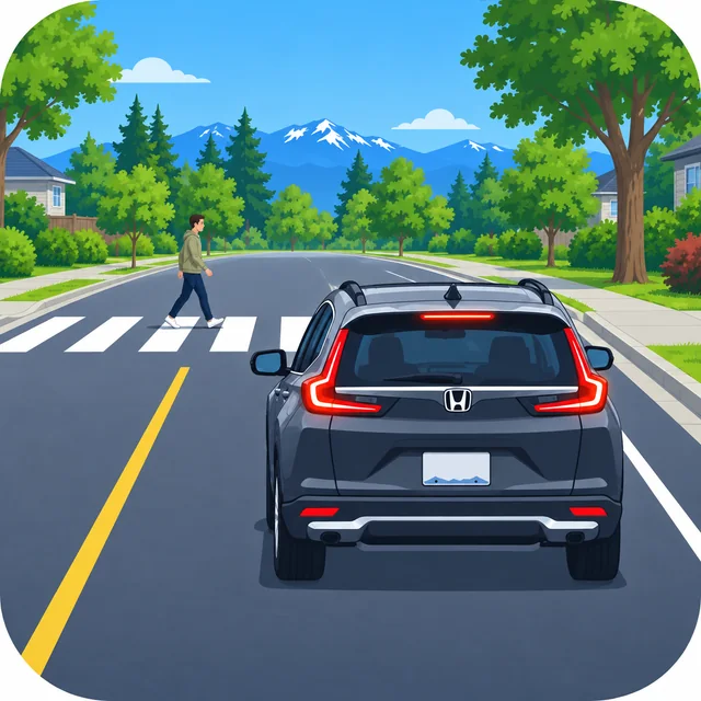 Dark SUV waiting while a pedestrian crosses a marked crosswalk on a British Columbia street.