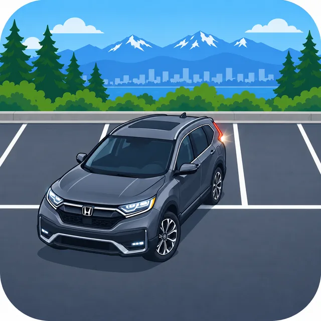 Illustration of a dark SUV angled across marked parking stalls, viewed from the front.