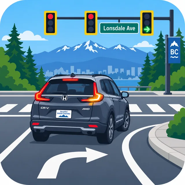 Illustration of a dark SUV following a right-turn arrow beside a crosswalk at a signalized intersection.