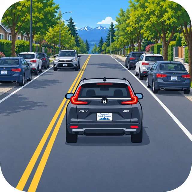 Illustration of a dark SUV between the centre line and parked cars on a residential street.