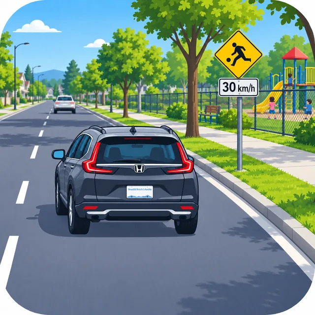 Illustration of a dark SUV passing a playground with a posted 30 km/h sign.