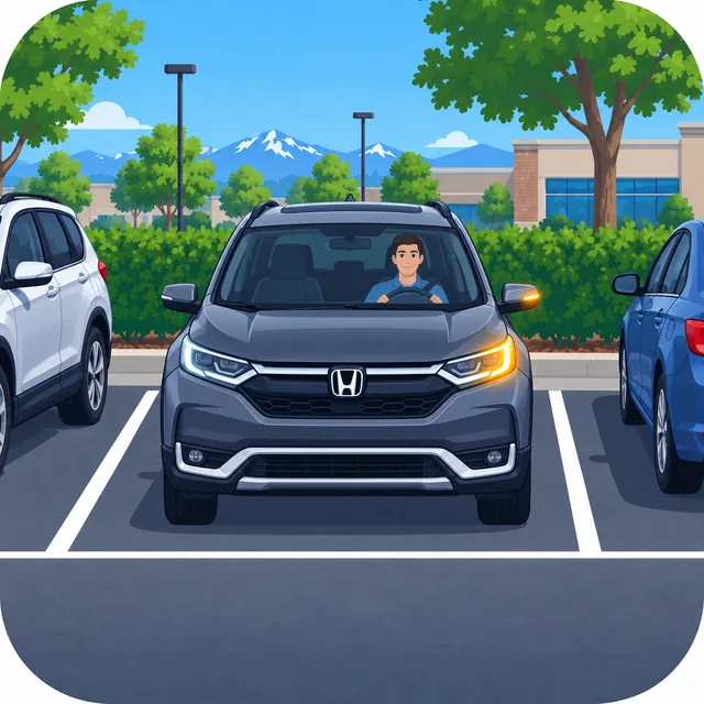 Illustration of a dark SUV facing out of a marked parking stall with an indicator illuminated.