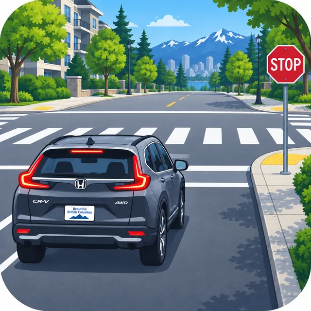 Illustration of a dark SUV approaching a stop sign and marked crosswalk.