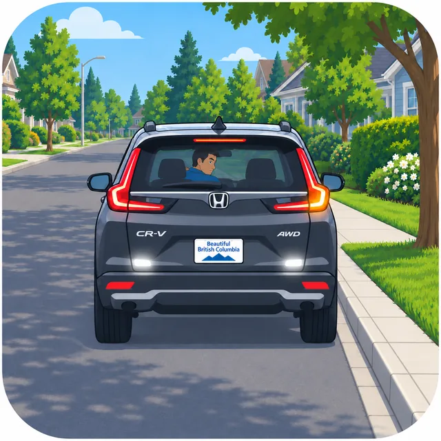 Illustration of a dark SUV beside a residential curb with the driver looking back.