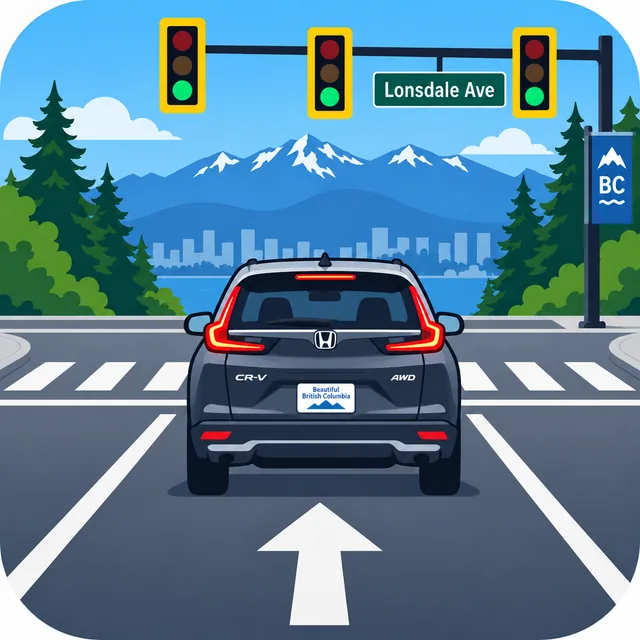 Illustration of a dark SUV in a straight-through lane approaching green traffic lights and a crosswalk.