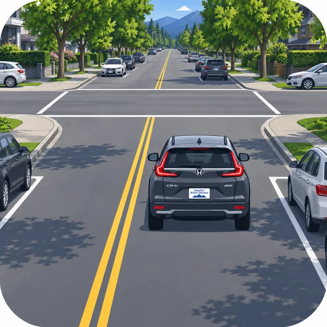 Illustration of a dark SUV approaching a residential intersection without traffic lights.