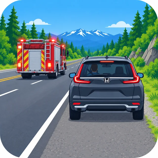 Dark SUV stopped on the right shoulder while a fire engine passes in the same direction.