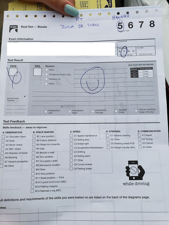 Successful road test result example from Zula Driving School