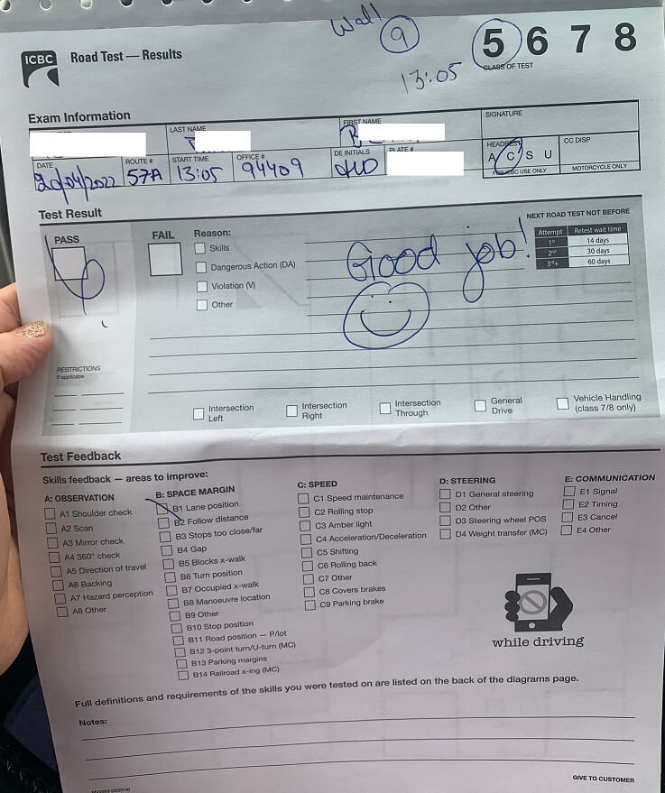 Student road test proof image from Zula Driving School